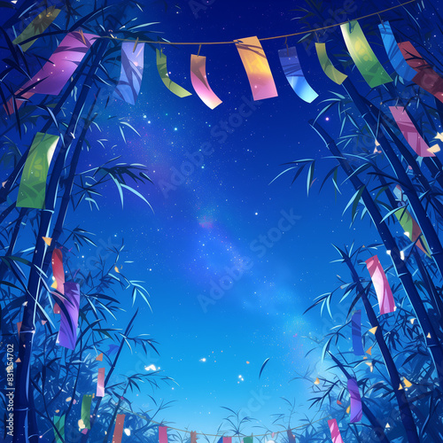 Frame illustration of Tanabata bamboo decoration and night sky - 七夕の竹飾りと夜空のフレームイラスト