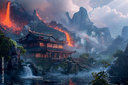 A temple where monks meditate at the convergence of four biomes – a fiery volcano, a serene lake, a whispering forest, and a stormy sky – each biome housing its own elemental spirit
