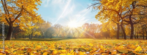 Beautiful bright and colorful autumn landscape with carpet of yellow leaves. Natural park with autumn trees on a sunny day, artificial intelligence generated, 4k HD wallpaper, background, generated by