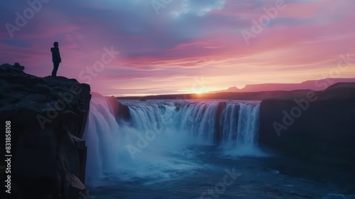 Showcase the beauty of Icelandic summer evenings with an image featuring the picturesque Godafoss waterfall bathed in the soft light of a colorful sunset sky, while a male tourist stands on a cliff.
