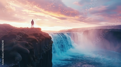 Emphasize the tranquility and serenity of Icelandic landscapes with a photo featuring the serene Godafoss waterfall surrounded by the warm tones of a colorful sunset sky.