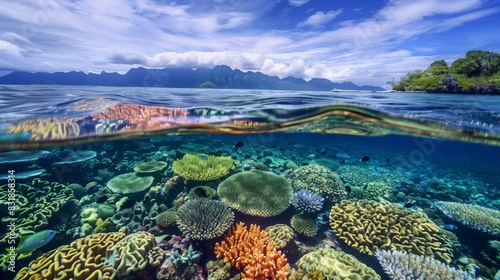 A scenic overlook reveals a vibrant coral reef teeming with colorful marine life in crystal-clear waters.