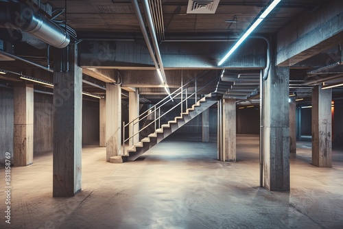 Empty basement of modern building with concrete columns and stairs with metal pipelines and plumbing system with electric lines on ceiling
