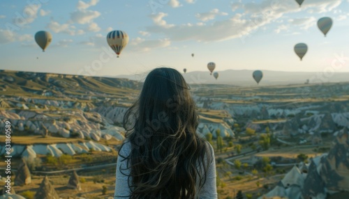 Tranquil Dawn Viewing Hot Air Balloons over Picturesque Landscape