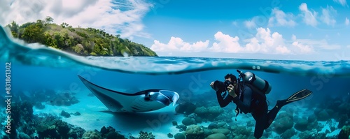 Underwater Photographer Capturing Manta Ray with Tropical Island Above