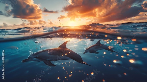 Dolphins Playfully Swimming in Sunset Lit Ocean Horizon