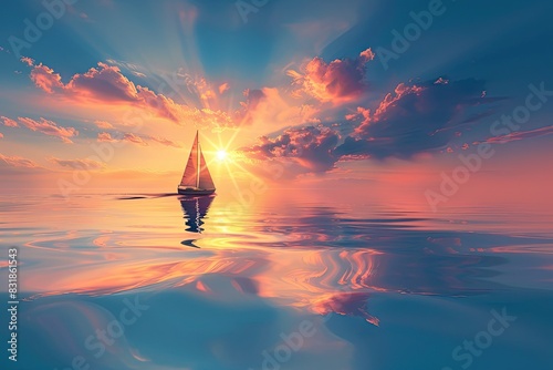 Sailboat gliding on calm waters with a stunning sunset background