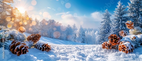 Beautiful winter landscape with snow-covered trees, pine cones on the ground, and a bright sunny sky, creating a serene holiday atmosphere.