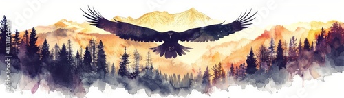 Watercolor painting of an eagle soaring over a mountain landscape at sunrise, showcasing the beauty of nature and wildlife in a serene setting.