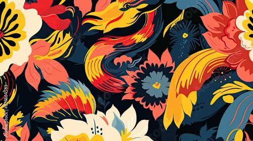 handmade illustration of floral and colourful pattern, in the style of mythological iconography, primary colors, farm security administration aesthetics, 
