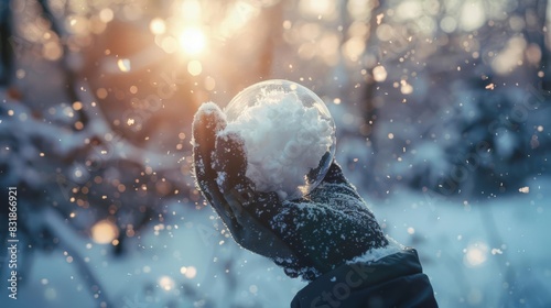 A gloved hand holds a snowball in a snowy forest, with the sun shining through the trees.