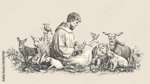 Surrounded by Animals and Nature, St. Francis of Assisi, Biblical Illustration, Beige Background, Copyspace