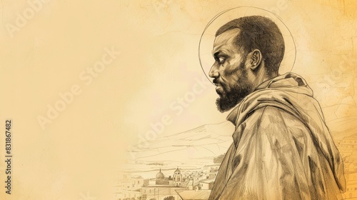 Humble Setting, St. Benedict the Moor with Sicilian Countryside, Biblical Illustration, Beige Background, Copyspace