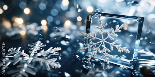 A detailed view of a delicate snowflake trapped inside a clear glass block, showcasing its intricate patterns and shapes