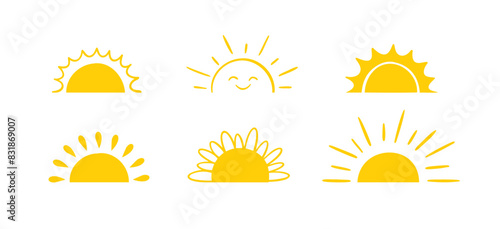 Yellow semicircle doodle half sun Hand drawn icons set doodle style. Sunset simple graphic symbols. Summer heat icons. Half round solar element.