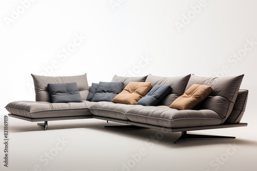 Elegant and modern sectional sofa with soft cushions isolated on white background Contemporary furniture design