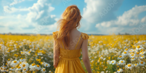 Frau in einem gelben Kleid geht in einem Blumenfeld