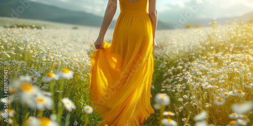 Frau in einem gelben Kleid geht in einem Blumenfeld