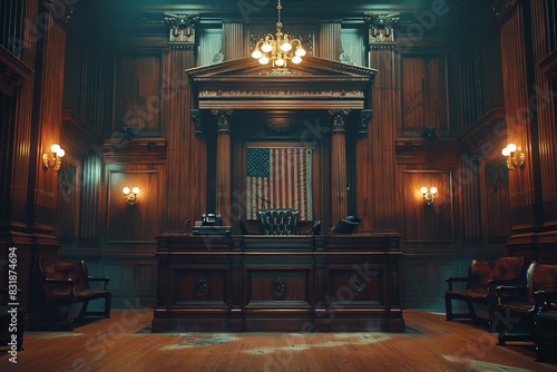 A wooden courtroom with flag wall