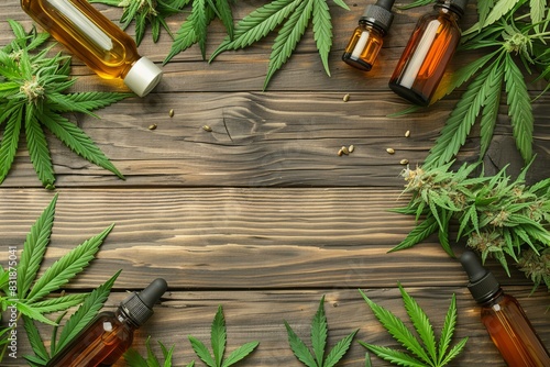 Close up of cannabis leaves and bottles of CBD oil on wooden surface