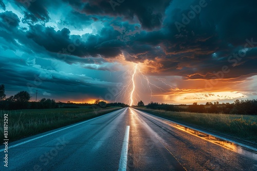 Lightning bolt striking through a cloudy sky