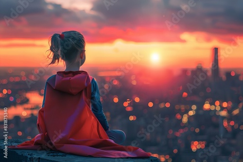 Woman sitting on ledge overlooking city at sunset