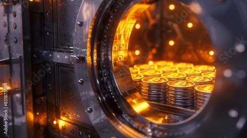 A highly detailed 3D rendered vault door slowly opening to reveal stacks of glowing cryptocurrency coins