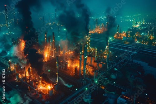 A major fire broke out at the oil refinery on early morning. aerial shot, vibrant color grading, tilt-shift effect, horror film screencap