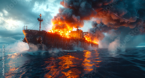 Oil tanker on fire in the sea at night. A cargo ship on fire in the middle of an ocean