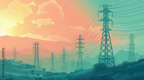 Illustration of an electrical pole moving across the landscape. which symbolizes the transmission of energy over long distances