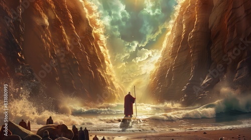 Digital painting of Moses parting the Red Sea. Capture the dramatic moment with towering walls of water on either side and the Israelites walking through the path