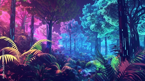A vibrant digital forest with neon flora swaying to synthesized beats, creating an electrifying experience.