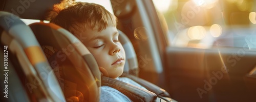relaxed child asleep in a car safety seat during a drive.