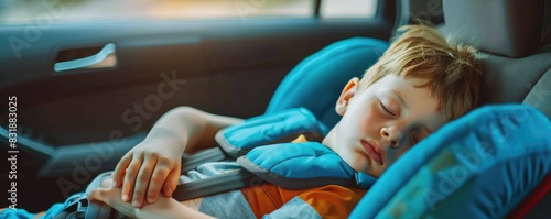 relaxed child asleep in a car safety seat during a drive.