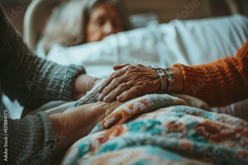 Woman assisting and supporting her senior mother lying in bed at the hospital, she is holding her hand