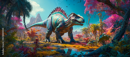 A vibrant painting depicting a colossal dinosaur roaming through a lush jungle filled with towering trees and exotic plants