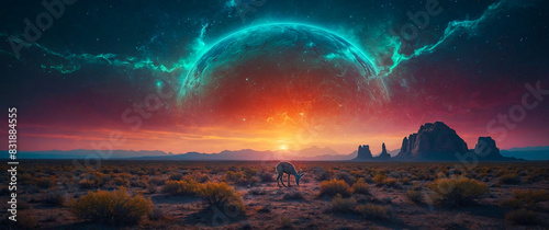 A solitary deer grazes in the expansive desert, illuminated by a stunning sunset. A mesmerizing, otherworldly sky with vibrant colors and an ethereal planet looms above
