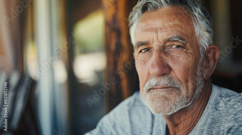 Pensive senior man reflects on memories, gazing out with a life's wisdom in his eyes.