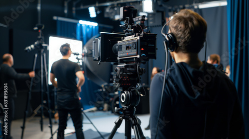 Behind-the-scenes glimpse of a professional video camera filming in a studio.