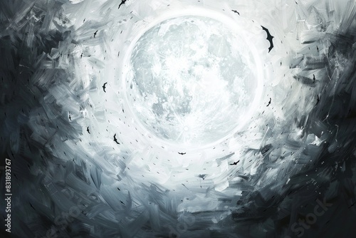 Large full moon surrounded by swirling clouds and flying bats at night