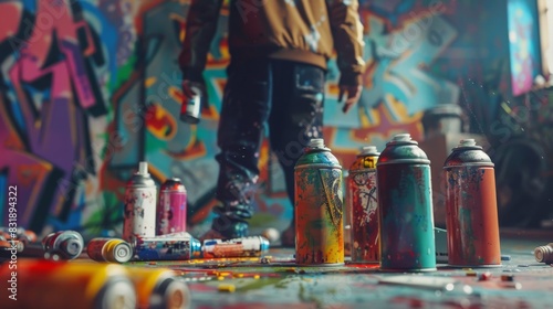 Colorful urban graffiti scene with spray paint cans and artist in background, displaying vibrant street art creativity.
