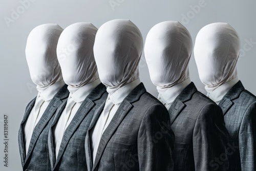 Group of faceless people in suits standing in a row with white covers over heads