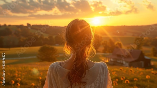 A woman with red hair in a white dress stands in a field enjoying a beautiful sunset and scenic countryside view. Peaceful and serene moment.