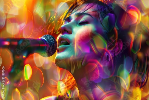 Female singer passionately performing on stage with vibrant, colorful lights and effects in the background.