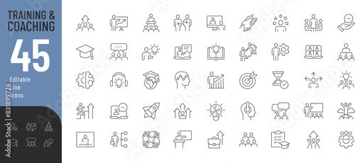  Training and Coaching Line Editable Icons set. Vector illustration in modern thin line style of education related icons: skills, lector, advise, support, and other. 
