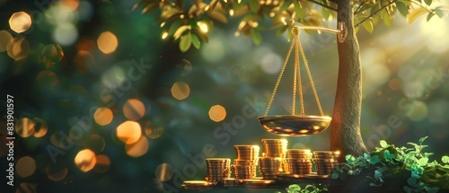 A majestic golden scale balancing stacks of gleaming coins and a lush green tree, photorealistic, vibrant colors, soft-focus background, digital painting