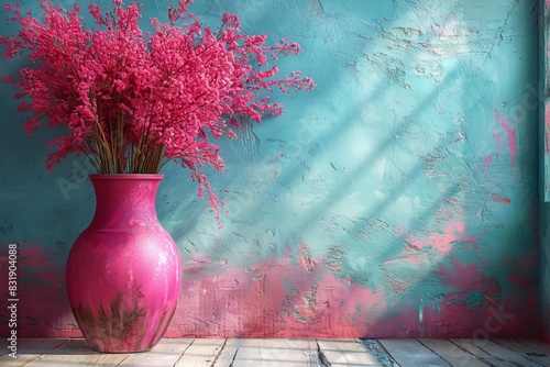 Artistic still life with pink flowers in a vase, set against a turquoise backdrop
