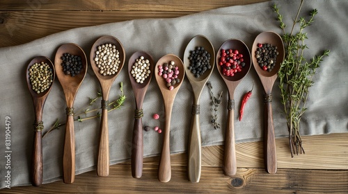 green, black, red and white peppercorns in wooden spoons on wooden table background