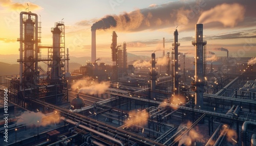 A photorealistic depiction of a massive industrial factory at dusk