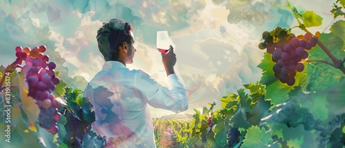 Person in vineyard holding wine glass, surrounded by grapevines under a bright sky, symbolizing wine tasting in nature.